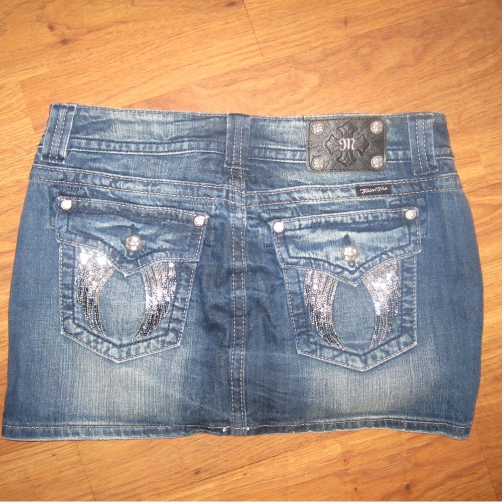 Miss Me Blue Denim Skirt with Sequin Silver Angel Wings